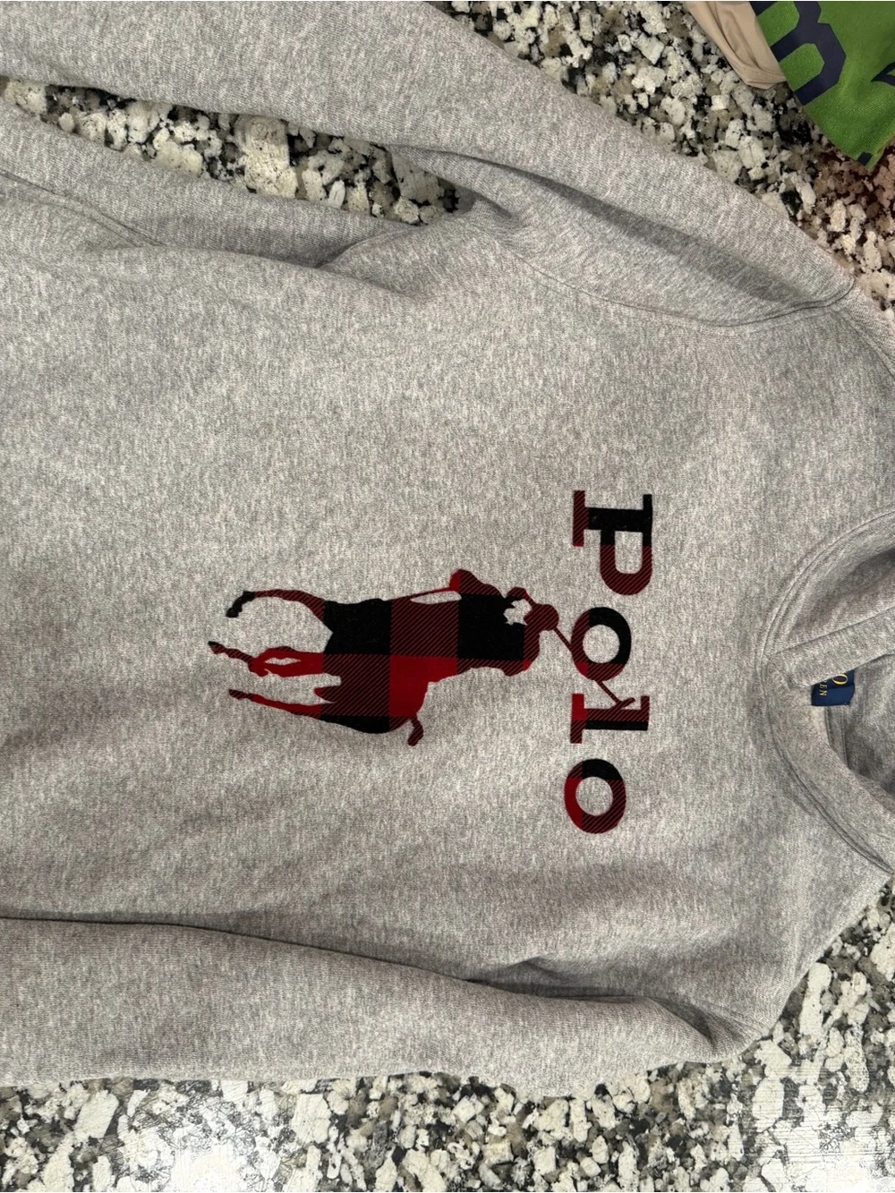Polo by Ralph Lauren Heather Gray Crewneck with Red & Black Buffalo Plaid Logo